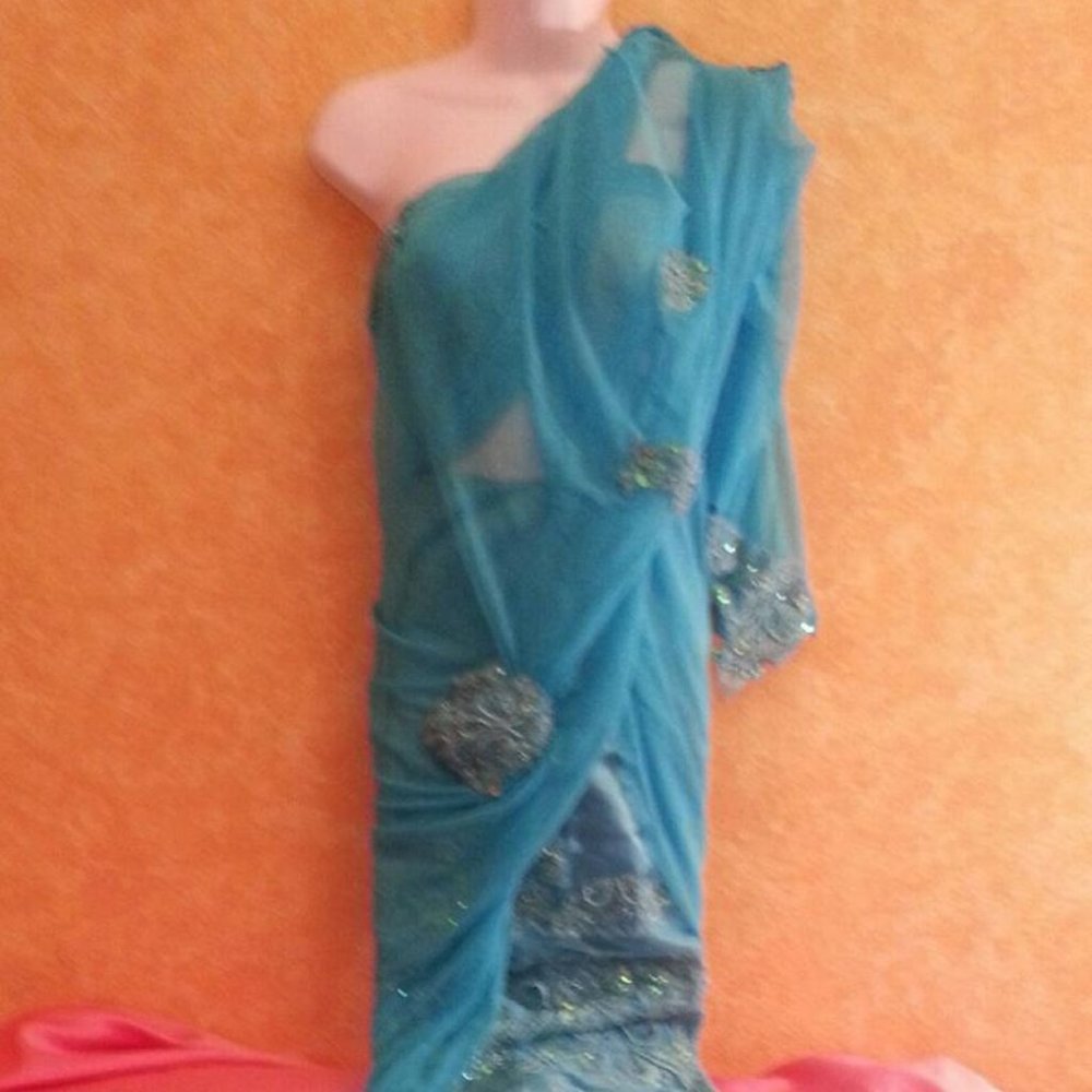 Custom Order Turquoise Lace Net Wedding Saree